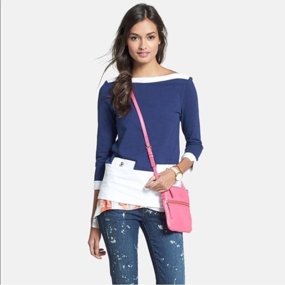 Kate Spade ‘Mazie’ Cotton Tunic Top Navy White Boatneck Women’s Size Small - Picture 3 of 11